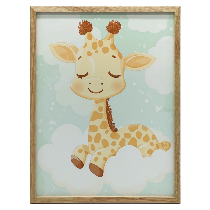 Tablou Zyrafa pe nori, 30x40 cm, rama din lemn, hartie mata 230 gsm
