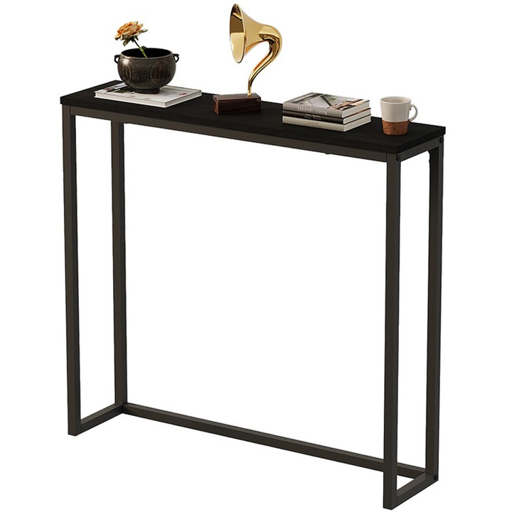 Masuta auxiliara neagra, consola pentru hol, spatioasa, inalta, cu raft, 80 cm BADU
