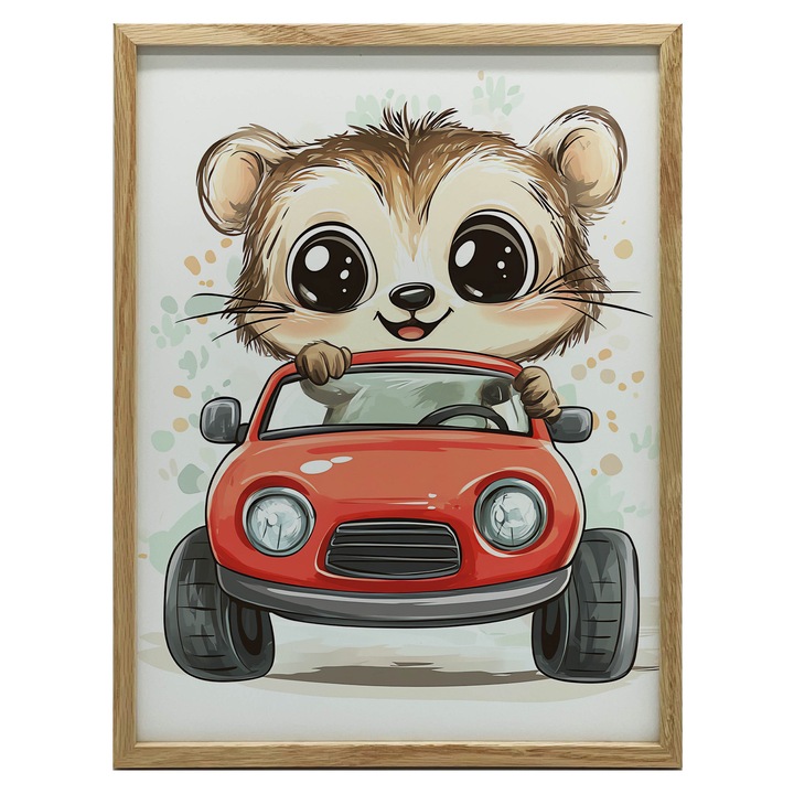 Tablou decorativ, multicolor, model animal in masina rosie, 50x70 cm, rama aurie, hartie mata 230 gsm