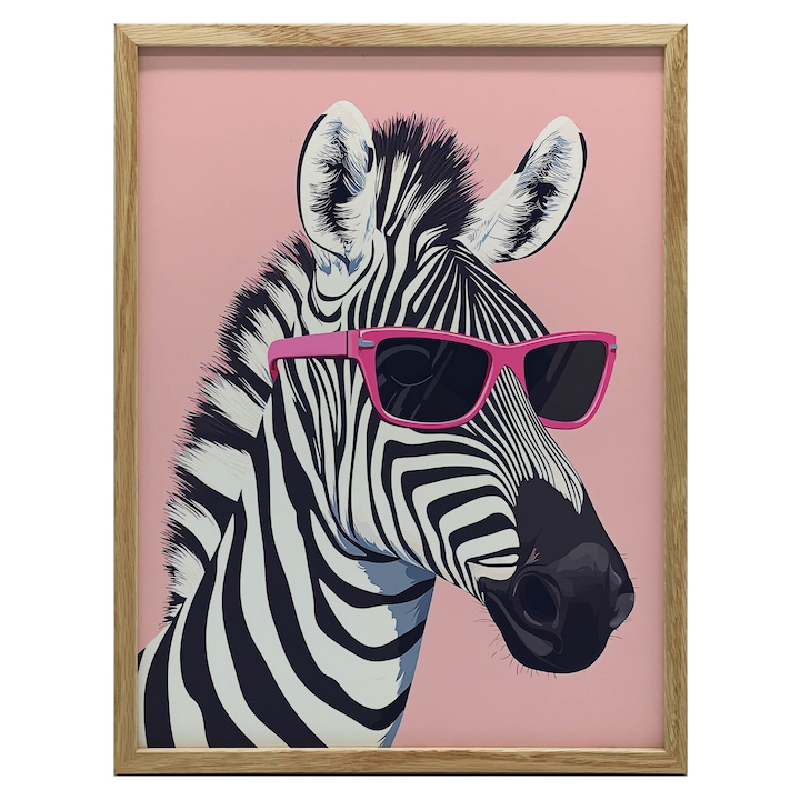 Tablou decorativ, multicolor, model zebra cu ochelari roz, 50x70cm, rama aurie, hartie mata 230 gsm