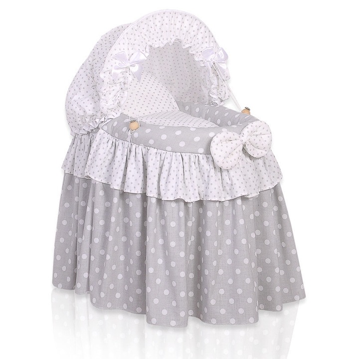 Carucior pentru papusi, My Sweet Baby, cos Moise, design delicat, gri, 50-52x32-33x69cm, set cu lenjerie