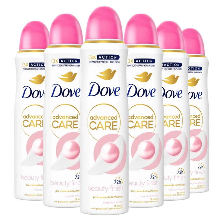 Set 6 x Deodorant Antiperspirant Spray Dove Advanced Care Beauty Finish, 150 ml, femei, protecție 72h, ușor de aplicat