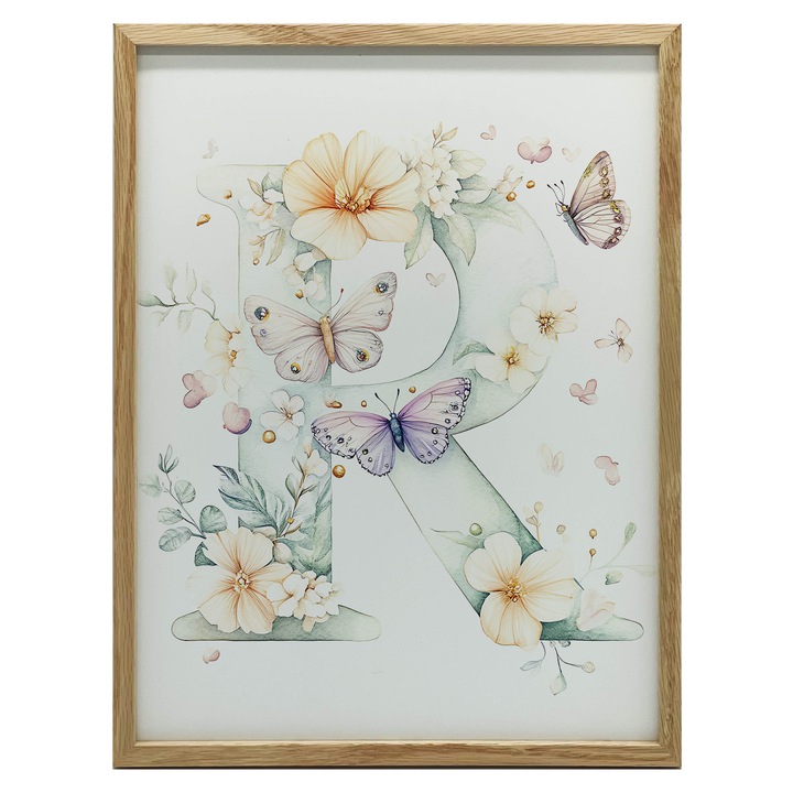 Plakat decorativ litera "R" cu flori si fluturi, 40x50cm, rama aluminiu neagra, hartie mata 230 gsm