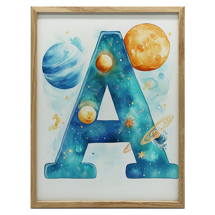 Plakat "A" in stil acquerel, 30x40 cm, rame din lemn, fundal cosmic, pentru camera de copii