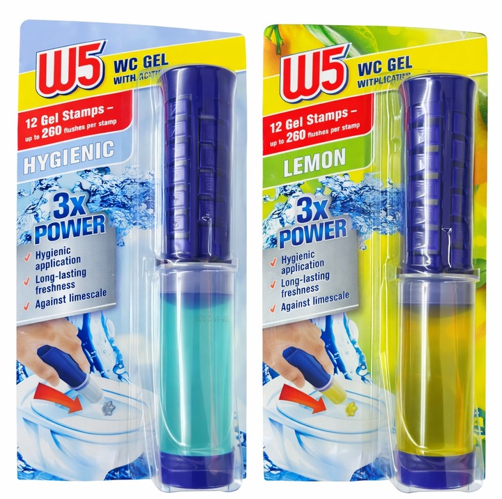 W5 WC gél applikátorral, 2 darabos készlet, 12 adag, Fresh és Lemon illat, 3X Power, higiénia, vízkő elleni védelem