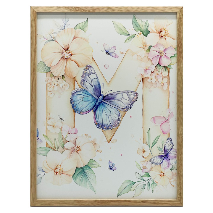 Tablou Litera M cu Flori si Fluture, 70x100 cm, hartie mata 230 gsm, set decorativ pentru camera de copii