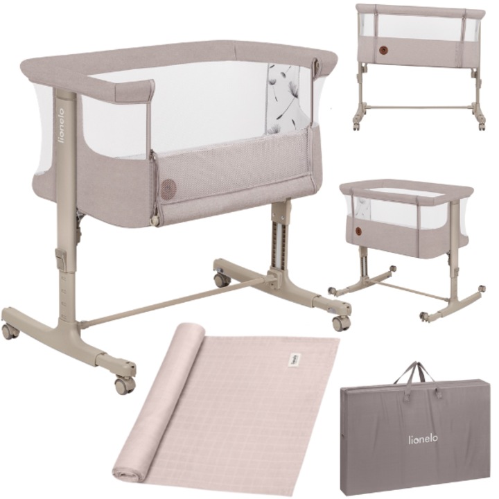 Кошара за спане до леглото, Lionelo, Aurora, 3 в 1, с люлеене и ъглово регулиране, включва матрак с плътност T25 и чанта за пренасяне, регулируема в 5 позиции, до 9 кг, 0 месеца+, 85x60x66 см, Сертификати EN 1130:2019+AC:2020, EN 16890:2, Бежов