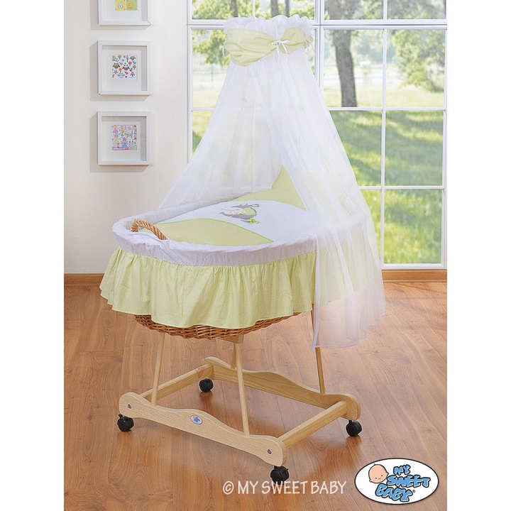 Patut tip cos pentru bebelusi cu baldachin, My Sweet Baby, 95x65x140cm, verde/alb