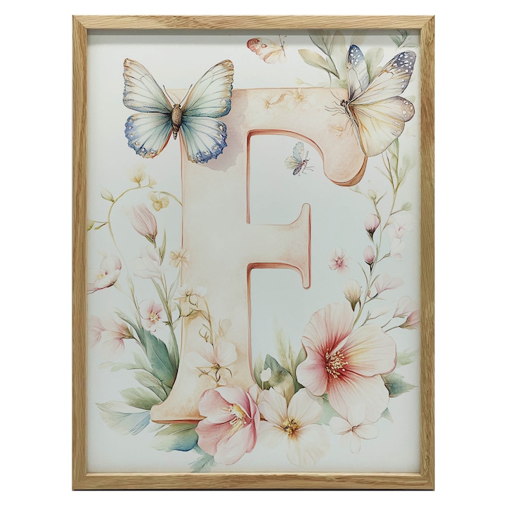 Plakat decorativ Litera "F" cu flori roz si fluturi, 40x50 cm, rama aluminiata neagra, hartie mata 230 gsm
