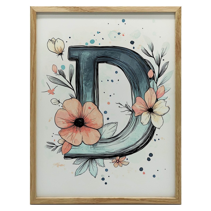 Tablou decorativ, litera "D", flori colorate, 50x70 cm, rama aluminiu neagra, hartie mata 230 gsm
