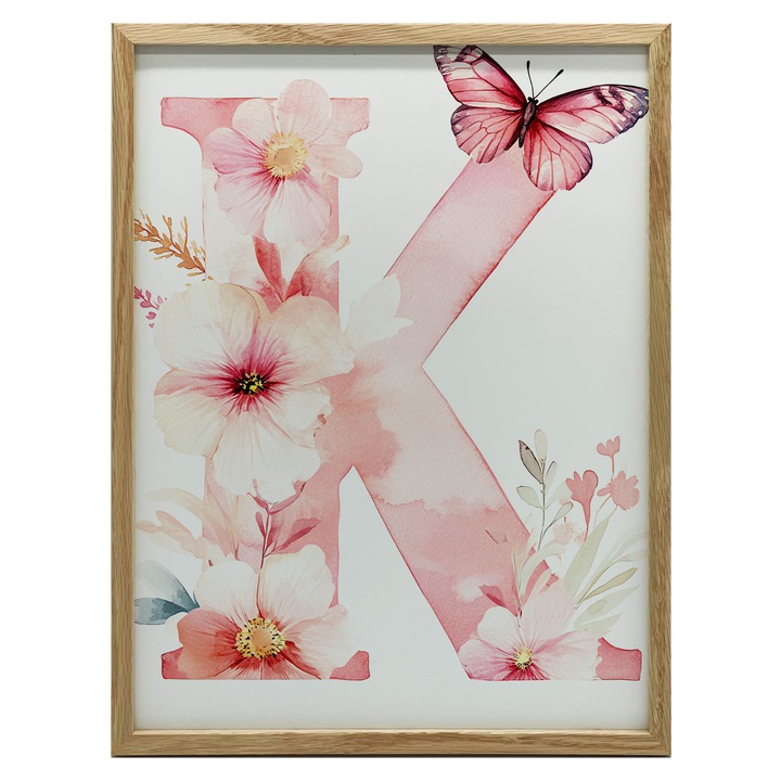 Plakat decorativ pentru copii, K jak Kwiaty, flori roz, 30x40cm, rama din lemn, mat 230 gsm