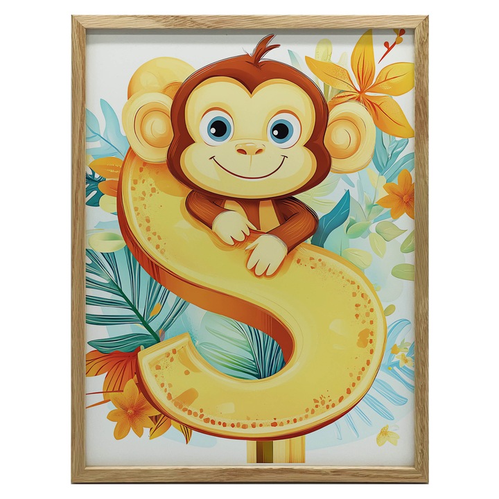 Plakat Wesola Malpka si Literka S, 50x70cm, decoratiune pentru camera copiilor, multicolor, fara rama