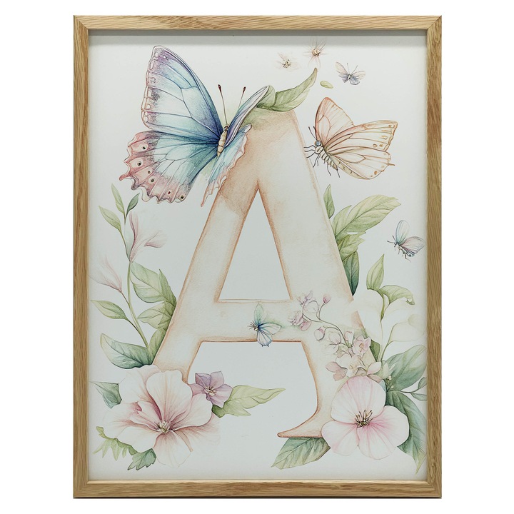 Plakat decorativ pentru camera copilului, A jak aniolek, flori colorate, fluturi, 50x70cm, rama din lemn, mat 230 gsm