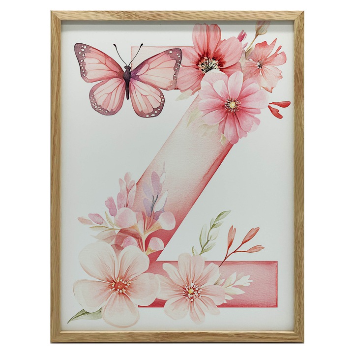 Tablou cu litera Z, flori roz, 30x40 cm, fundal alb