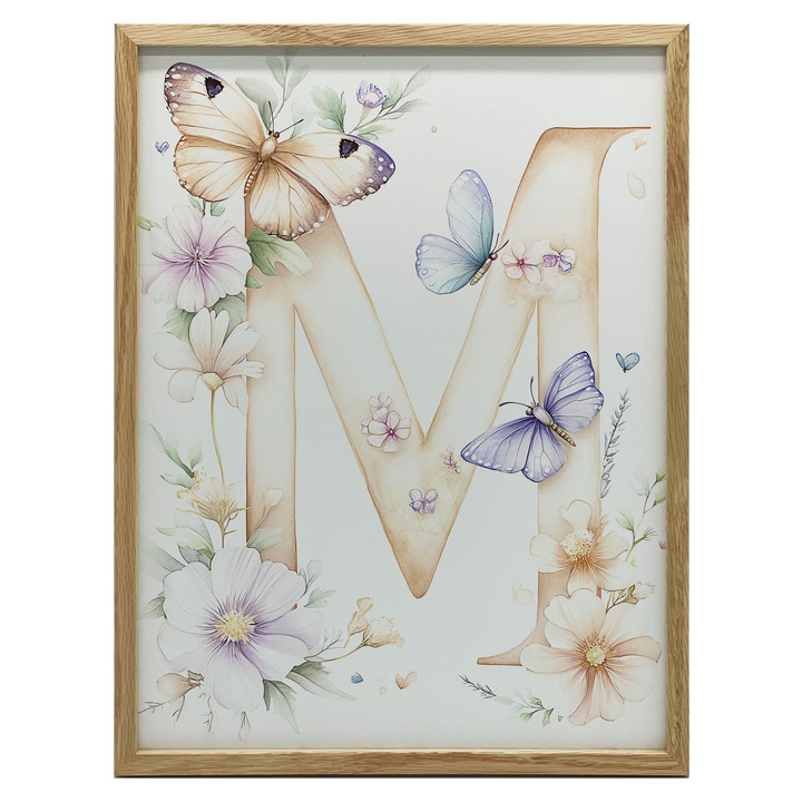 Plakat M jak Magia, decoratiune camera copilului, 30x40 cm, alb-negru, flori colorate, fluturi