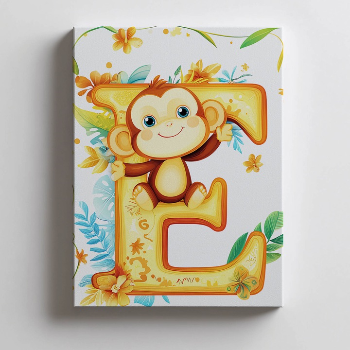 Tablou decorativ pentru camera copilului, litera E cu maimuta, 70x100cm, multicolor, hartie mata 230 gsm fara rama