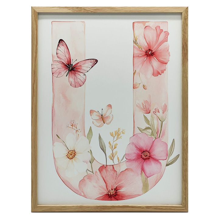 Plakat U din flori si fluturi, 50x70 cm, rama din lemn, fundal roz