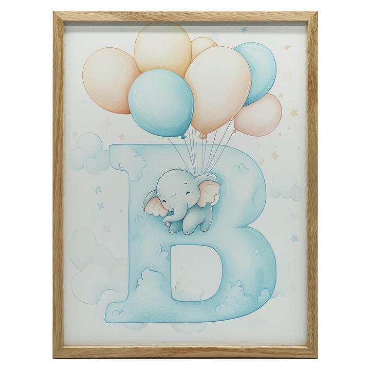 Plakat "Niebieski Slon z Literka B", 40x50 cm, rama aluminiowa neagra, decorare pentru camera copiilor