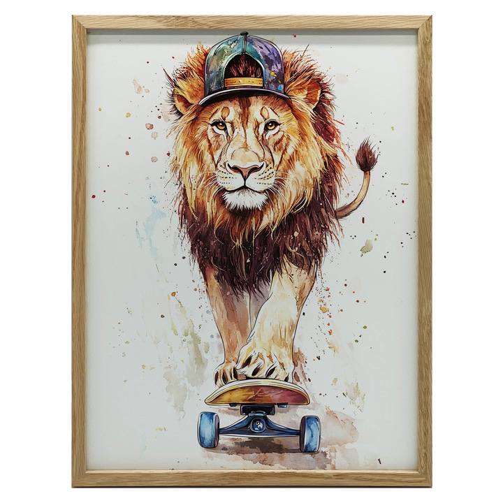 Tablou cu leu pe skateboard, 30x40 cm, rama din lemn, mat 230 gsm, multicolor
