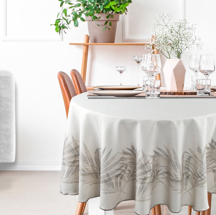 Obrus rotund INES, Eurofirany, 150cm, crem-beige, model cu frunze de palmier