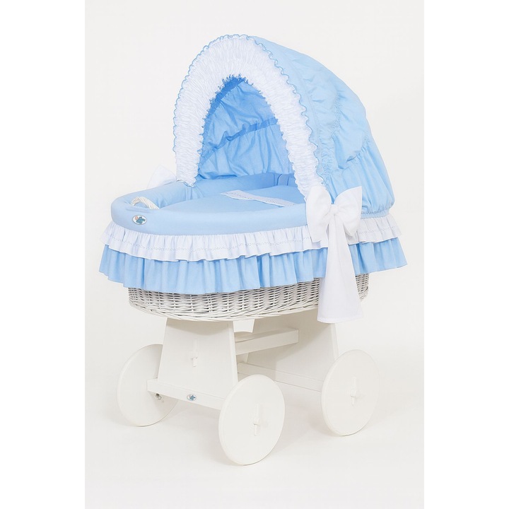 Cos bebelusi din ratan cu copertina reglabila, My Sweet Baby, alb, dimensiuni mari, set cu lenjerie albastra