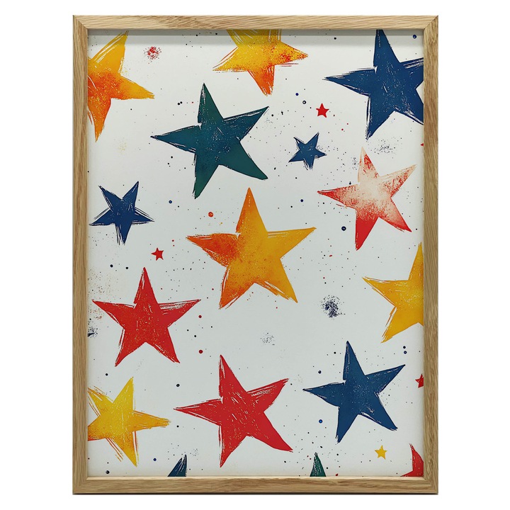 Tablou decorativ "Wesole Gwiazdy", 50x70 cm, alb cu stelute colorate, rama aurie