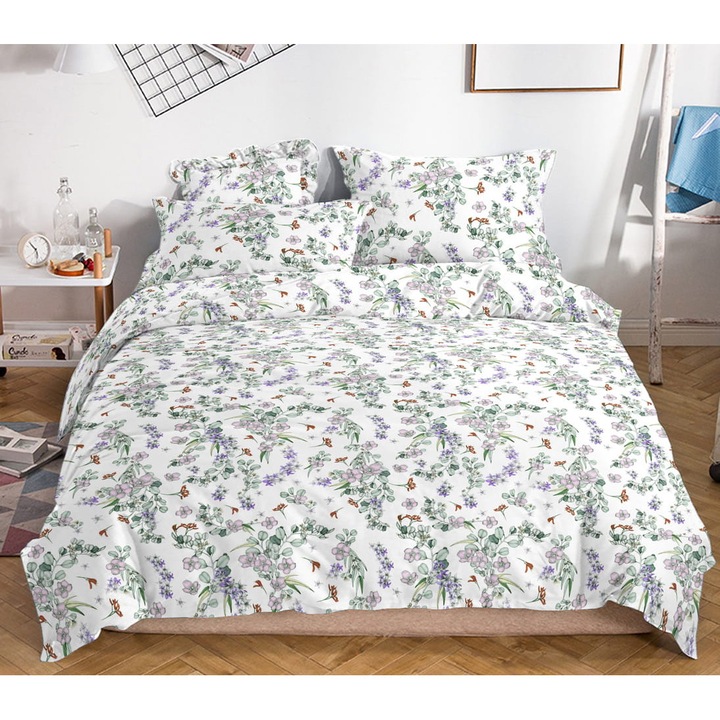 KZ ágynemű garnitúra, 160x200cm, 100% pamutszatén, fehér, zöld, lila