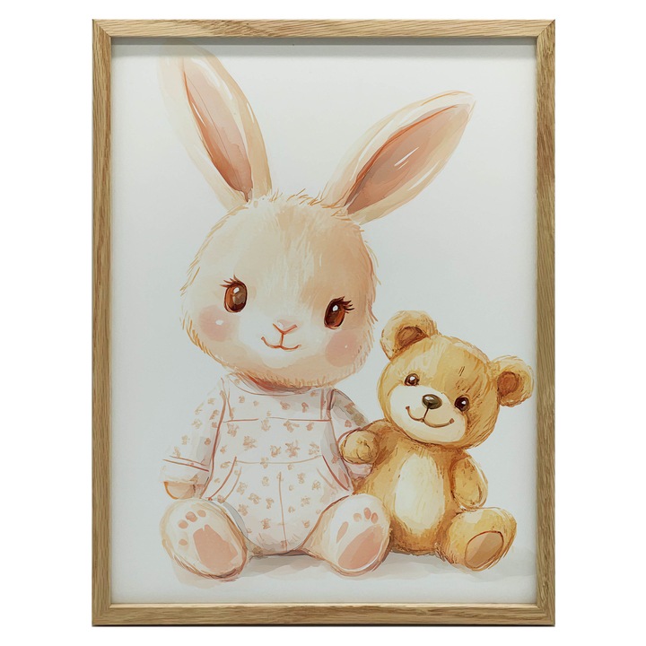 Декоративен плакат, Очарователно зайче с мече, 40x50см, бежов, кафяв, бял