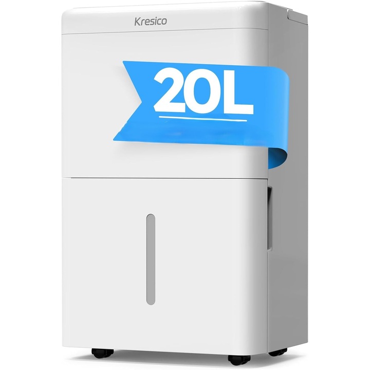 Dezumidificator Kresico 20L/zi – pentru 50 mp / 150 m³, Silentios 39 dB, 4 Moduri, Timer 24h, Dezghetare Automata, Rezervor 3.4L, Drenaj Continuu, Alb