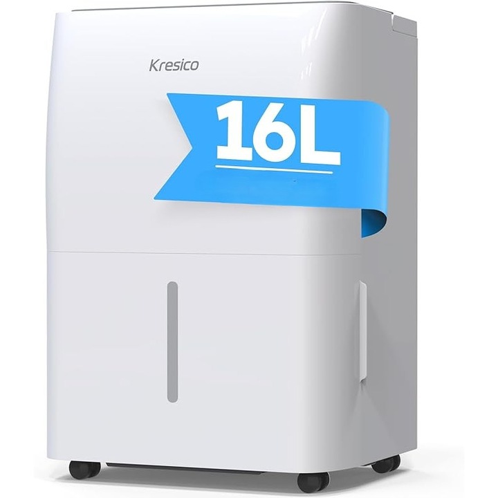 Dezumidificator Kresico 16L/zi – pentru 40 mp / 140 m³, 270W, Silentios 39 dB, 4 Moduri, Timer 24h, Dezghetare Automata, Rezervor 2.5L, Alb