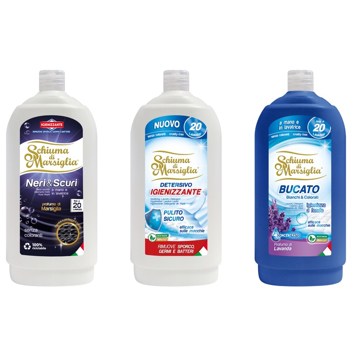 Pachet detergent lichid Schiuma di Marsiglia Neri & Scuri + Igienizant + Lavanda, 3 x 1L, pentru rufe albe si colorate, curatare profunda si prospetime, pana la 60 spalari
