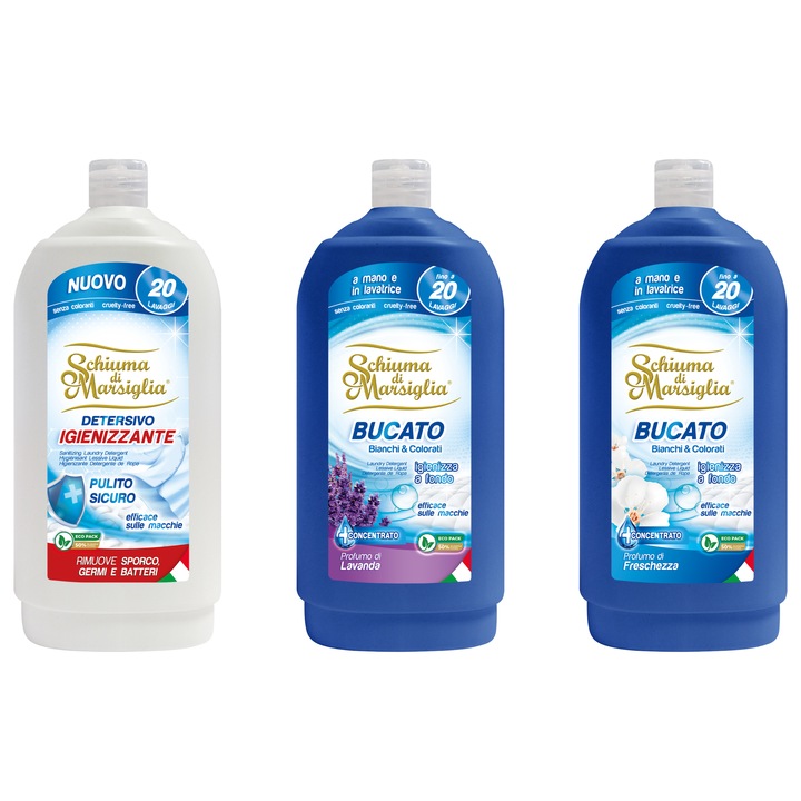 Pachet detergent lichid Schiuma di Marsiglia Igienizant + Lavanda + Clasic, 3 x 1L, pentru rufe albe si colorate, curatare profunda si prospetime, pana la 60 spalari