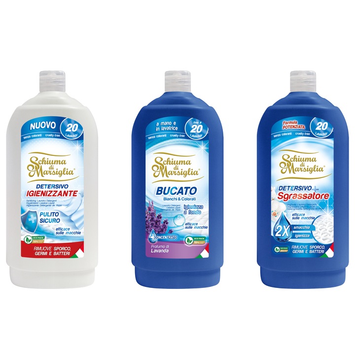 Pachet detergent lichid Schiuma di Marsiglia Igienizant + Lavanda + Degresant, 3 x 1L, pentru rufe albe si colorate, curatare profunda si prospetime, pana la 60 spalari