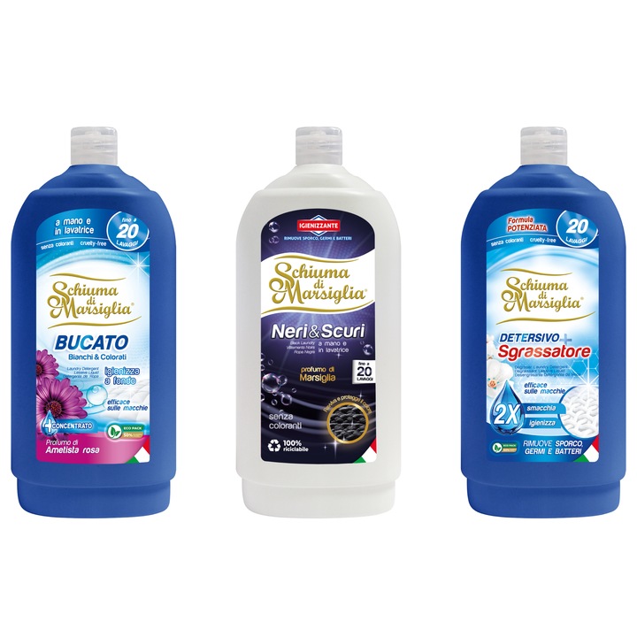 Pachet detergent lichid Schiuma di Marsiglia Ametista Rosa + Neri & Scuri + Sgrassatore (Degresant), 3 x 1L, pentru rufe albe, colorate si negre, curatare profunda, protectia culorilor si indepartare pete, pana la 60 spalari