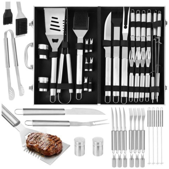 Set Gratar Profesional 26 Piese Inox Varioshop cu Valiza XXL – Accesorii BBQ Complete - Cleste, Spatula, Cutite, Furculite, Perie, Condimente