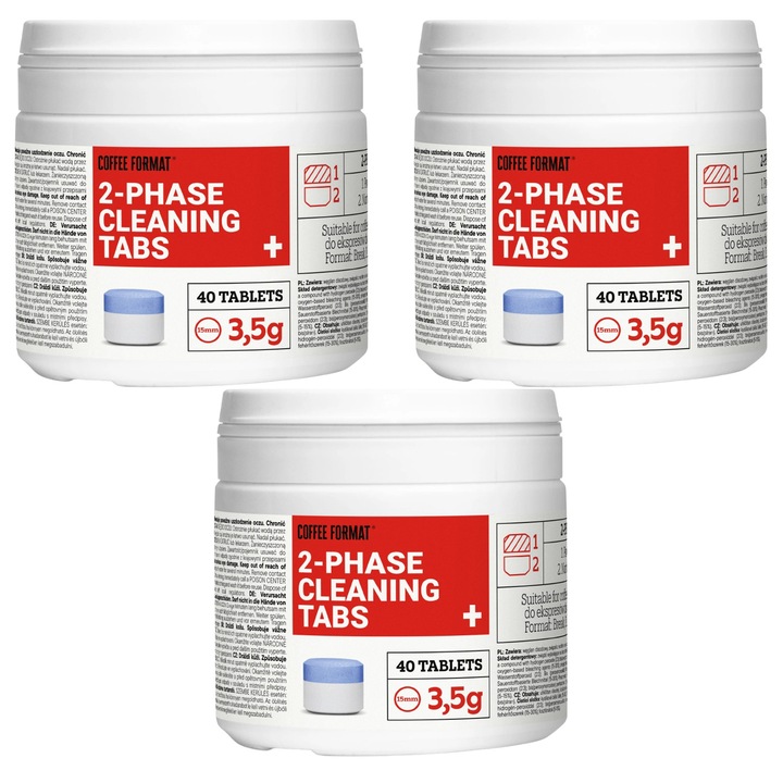 Tablete pentru curatarea aparatului de cafea, 2-phase Cleaning TABS+ 40 x 3, 5 g Coffee Format, 3 cutii