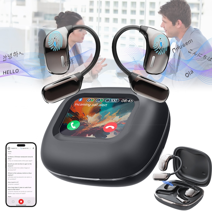 Casti de traducere inteligenta AI，Traducator in Timp Real，traducere vocala，Conversatii in timp real，suporta 144 de limbi，Ecran tactil de 2.64 Inch，stereo bilateral, apeluri HD, reducere a zgomotului，iOS/Android，suport pentru muzica，，confortabil de purtat