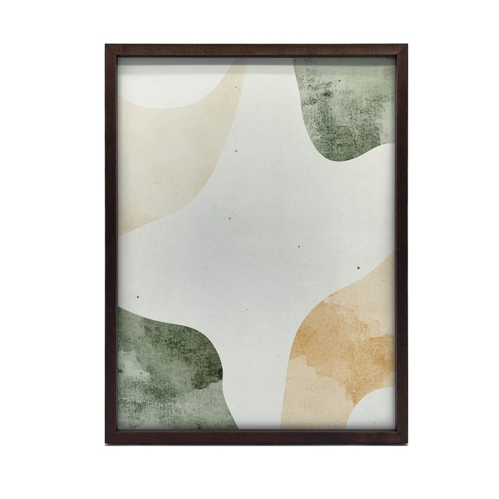 Tablou abstract, 30x40 cm, rama aluminiu aurie, fundal alb, nuante de verde, bej si portocaliu