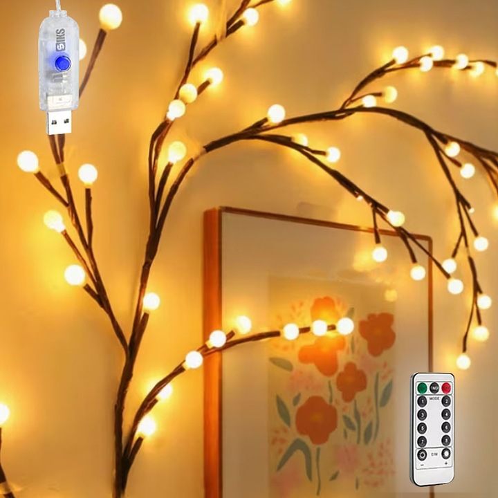 Ghirlanda Luminoasa Decorativa Tip Creanga Cu Globuri Mici Luminoase SIKS, Lumina Led Alb Cald, 72 Led-uri, Dimensiune 1.6 Metri, Cu Ramuri Flexibile, Alimentare USB / Priza, 8 Jocuri De Lumini, Control Telecomanda, Alb Cald
