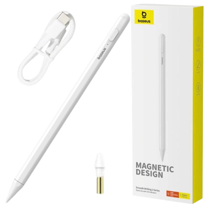 Stylus activ Baseus, alb, cu indicator LED, cu cablu de incarcare si varf de rezerva, 165.2x9.1mm