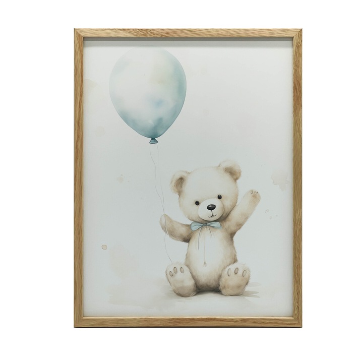 Plakat decorativ cu ursulet si balon albastru, 40x50 cm, rama aluminiu neagra, hartie mata 230 gsm