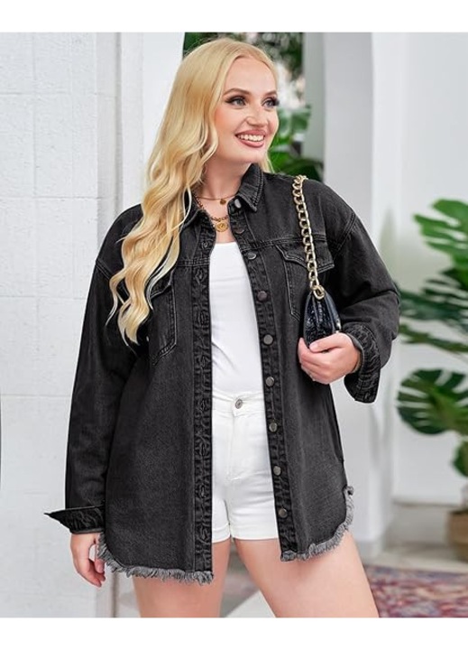 Camasa neagra din denim, larga, cu maneca lunga pentru femei L