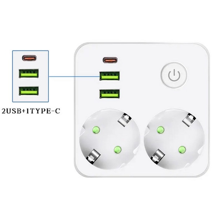 Adaptor priza 5 in 1, KOTYS, 2500W, 16A, alb, 2 prize EU, 2 USB, 1 USB-C, dimensiuni 9.5x9.5x4.5cm