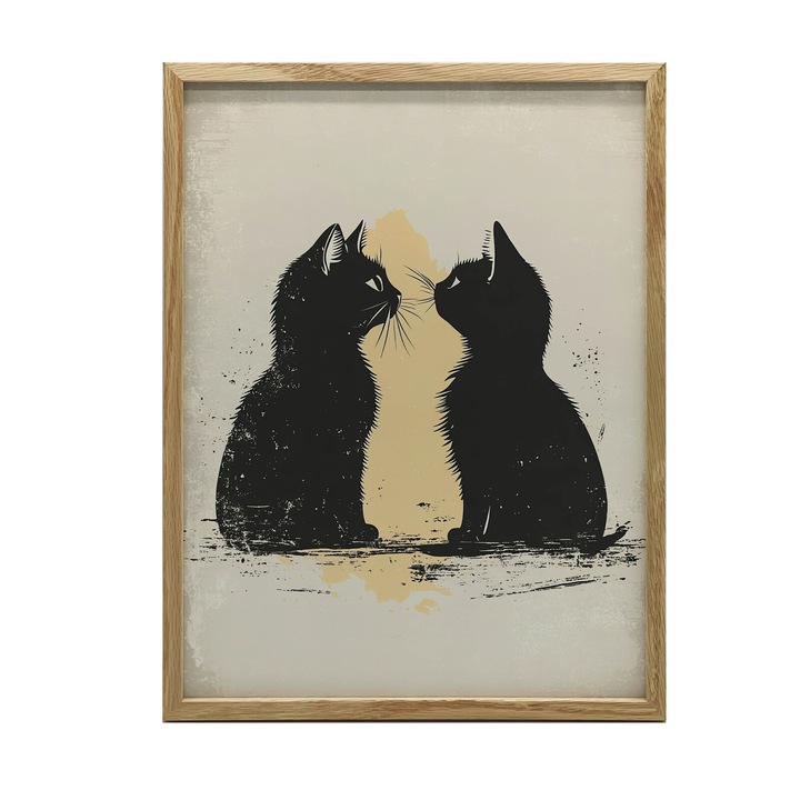 Картина "Любов в котешки стил", 30x40 см, дървена рамка, бежова, винтидж стил