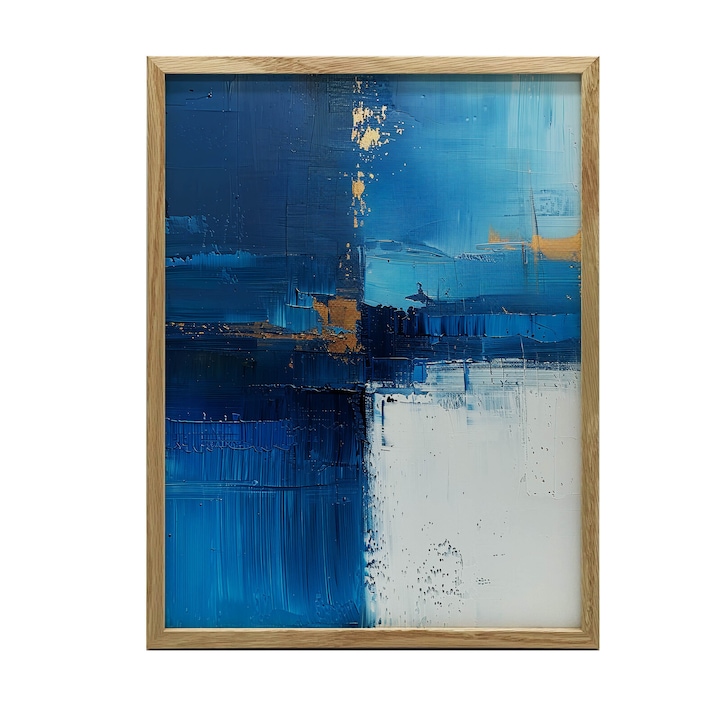 Tablou Spokoj Szafiru, 50x70 cm, rame din lemn maro inchis, mat 230 gsm, albastru profund, alb, auriu