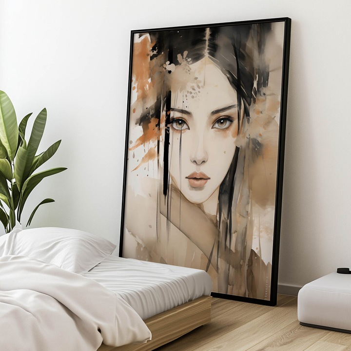 Poster cu model Portret Femeie Japoneza, 30x40 cm, rama neagra din aluminiu, hartie mata 230 gsm