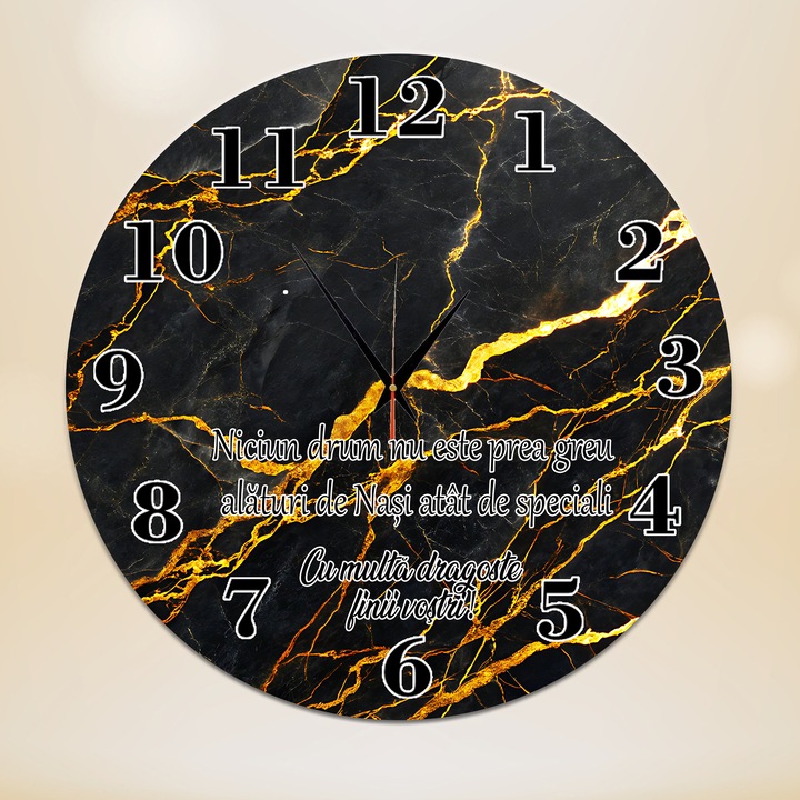 Ceas de perete personalizat, marmură neagră cu textură aurie, diametru 35 cm, material MDF