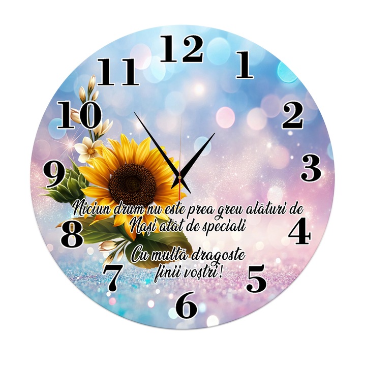 Ceas de perete decorativ, model Floarea Soarelui, rotund, mesaj "Nasi speciali", cadou pentru nasii, multicolor