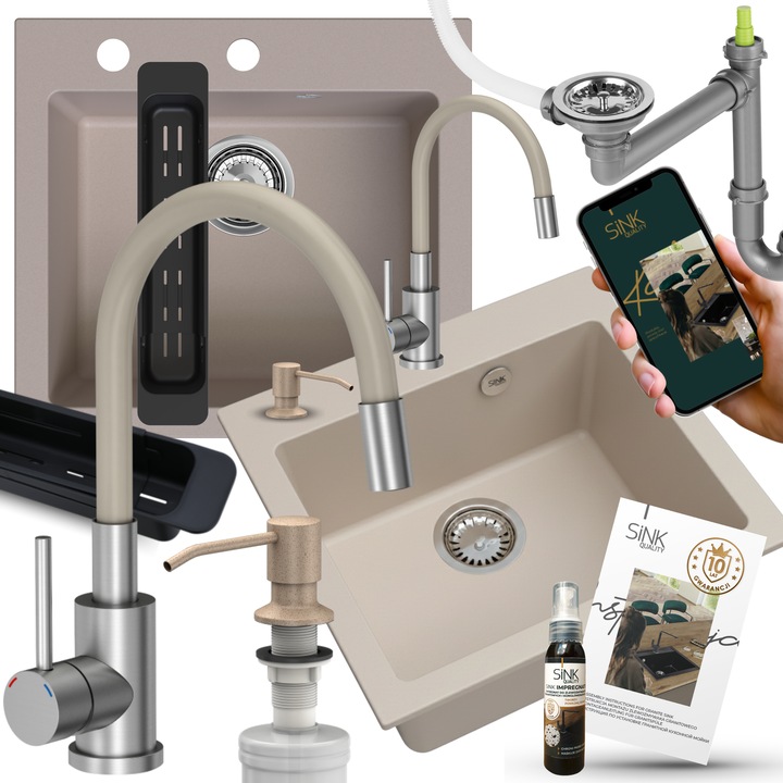 Set chiuveta granit cu baterie, dozator, sifon, 10 in 1, bej, 49x45x19,5cm