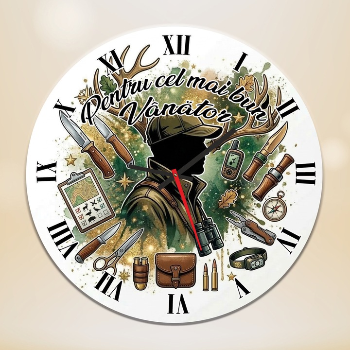 Ceas de Perete Decorativ "Pentru cel mai bun Vanator", Diametru 35 cm, MDF, Alb cu ilustrații verzi și aurii